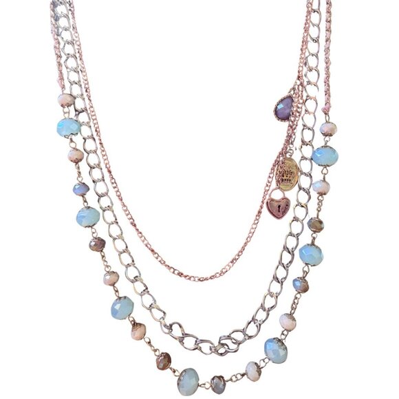 Juicy Couture 3 tier necklace 1 beads 2 silvertone chain 3 rose goldtone charms - Picture 1 of 16